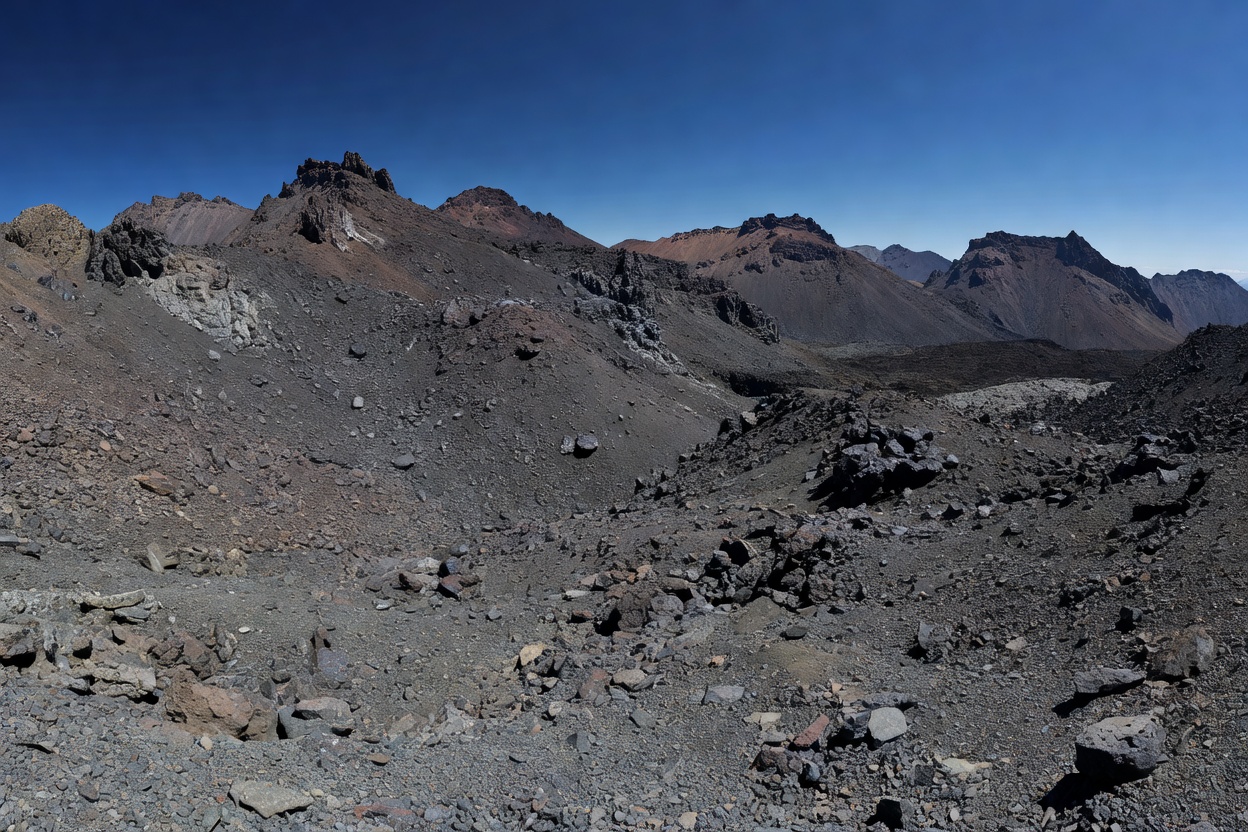 High altitude volcanic mountain range covered in scree