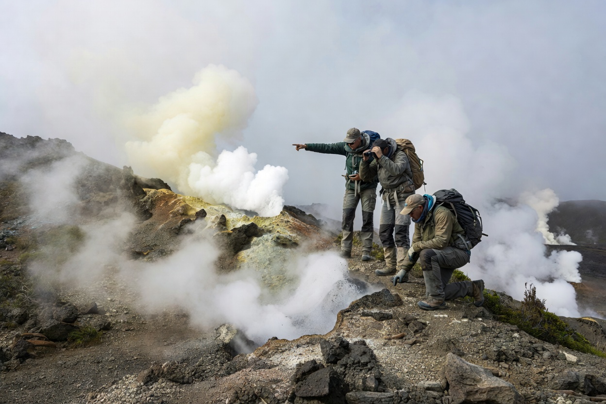 Hikers examining geothermal gas emissions on a ridge