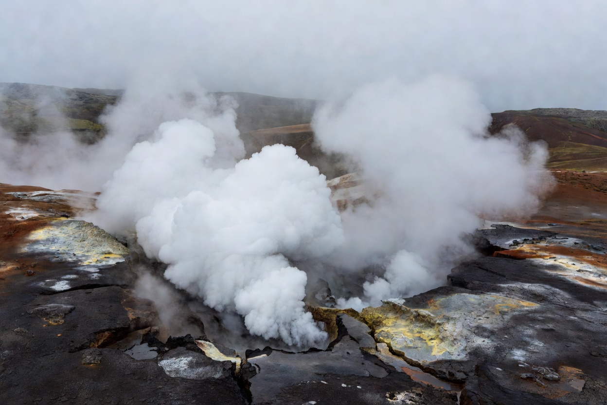 Steam billowing from geothermal ground fissures in Iceland